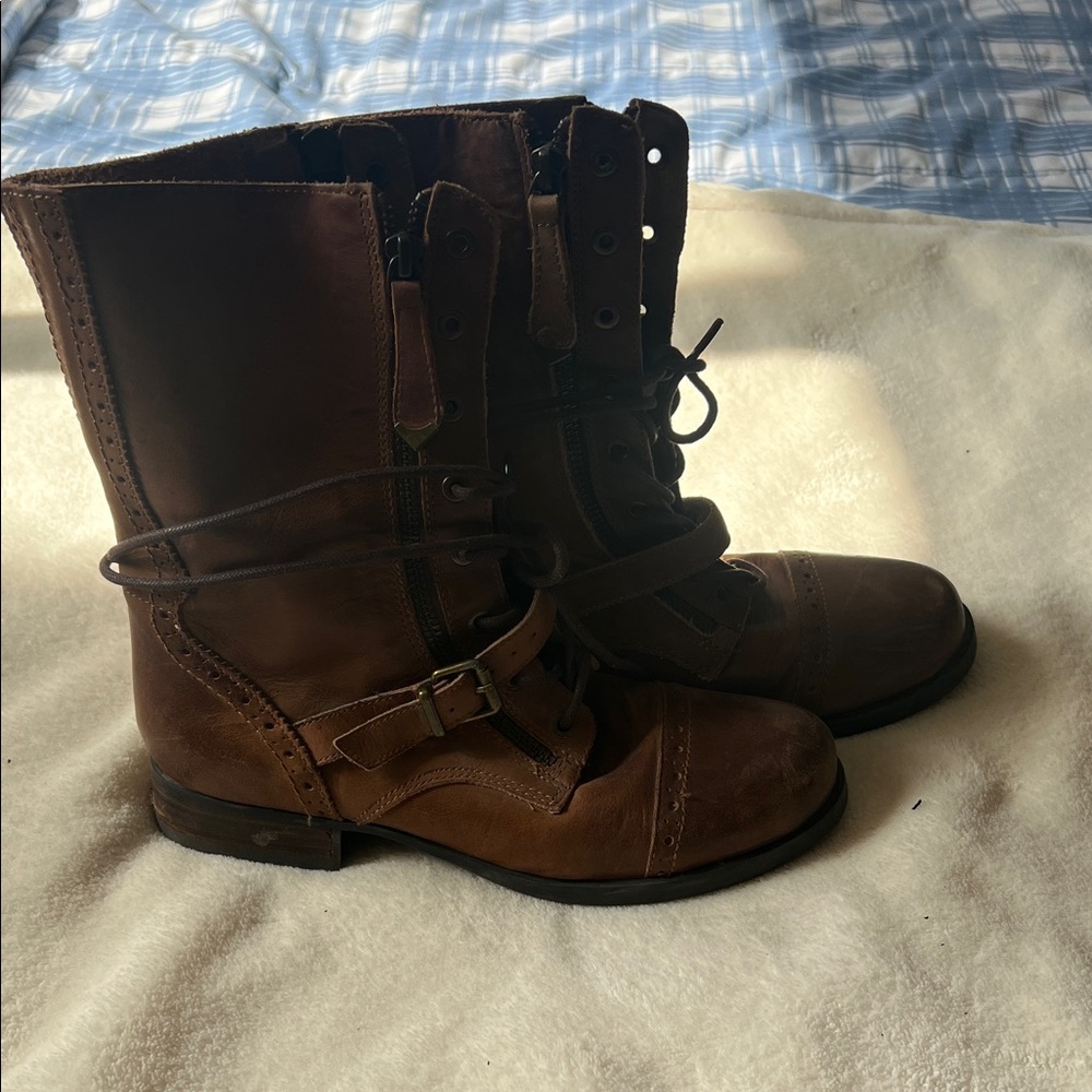 Women’s Aldo Dark Brown Lace-Up Leather Ankle Boots with Buckle - Picture 2 of 5
